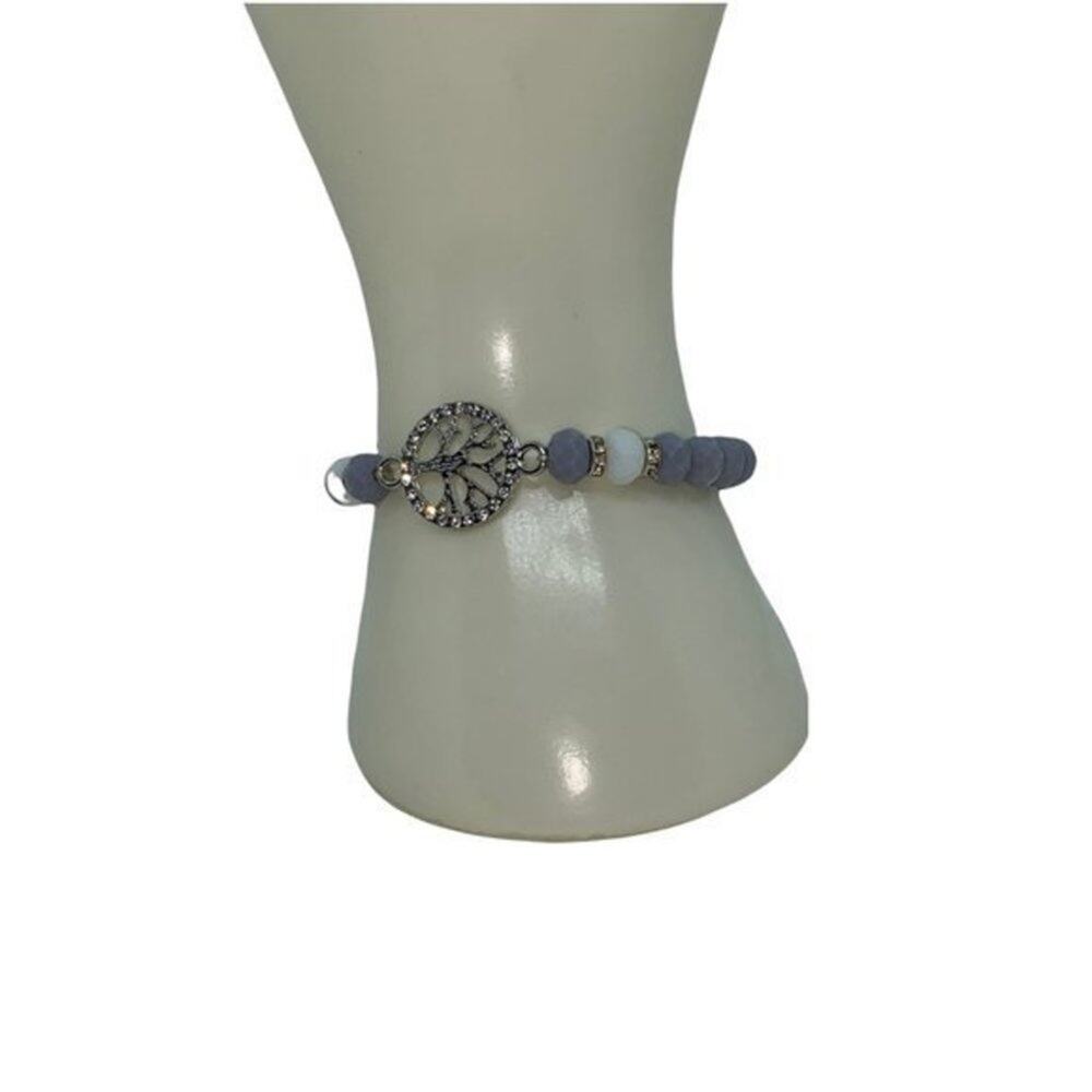 Blue & White Beaded Silver-Tone Tree of Life Pendant Rhinestone Stretch Bracelet